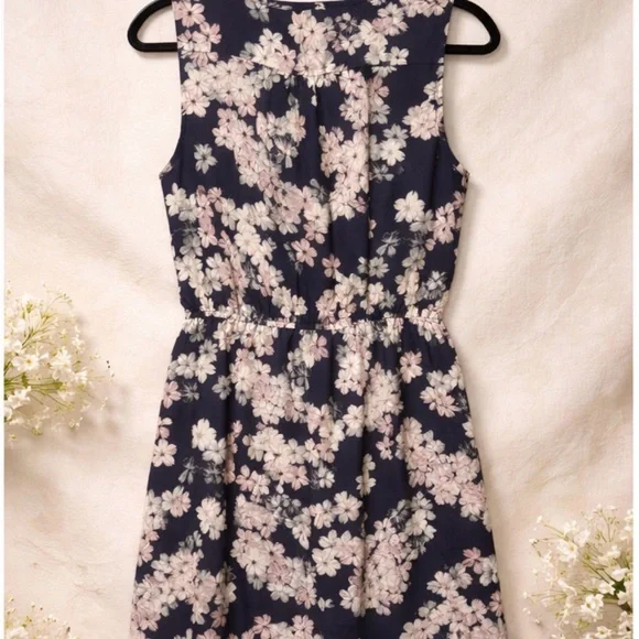 Loft - Navy Floral Sleeveless Midi Dress with Pink Blossoms - Picture 2 of 2